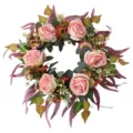 Detail of European style artificial wreath with pink roses and autumn leaves for home decor - Pink