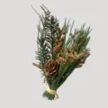 Detail d'un petit bouquet de fleurs séchées avec aiguilles de pin et pommes de pin. - Herbe verte et petites pommes de pin