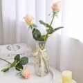 Realistic pink silk rose in a glass vase with lace ribbon decoration - Light Pink