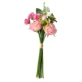 Detailed view of an artificial pink rose and camellia bouquet with green leaves - 39cm / Deep Pink
