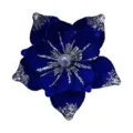 Fiore di Natale artificiale in velluto blu con glitter argento per decorazione albero - Blu