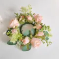 Corona de anillo de vela de rosa rosa artificial para decoración de boda y mesa - Rosa