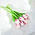 Realistic pink and white artificial tulips bouquet for home and wedding decor. - Pink White