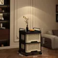 Chariot de rangement à 2 niveaux de style vintage avec tiroirs à motif tissé crème - Armoire de Rangement Rétro 2 Couches