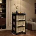 Chariot de rangement vintage à 3 niveaux noir et beige avec tiroirs et roulettes - Armoire de Rangement Rétro 3 Couches