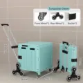 Foldable shopping trolley in teal green showing full dimensions and spare parts - Climbing Wheels / Green