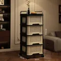Chariot de rangement vintage à 4 niveaux noir et beige, style rotin, 89,5x38x30cm - Armoire de Rangement Rétro 4 Couches