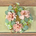 Elegant artificial pink dahlia candle ring wreath with eucalyptus leaves for table decoration - Pink
