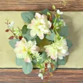 Cream and pink artificial dahlia candle ring wreath with green leaves for table decor - Light Champagne