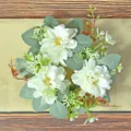 Elegant white artificial dahlia candle ring wreath for wedding table centerpieces - White