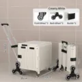 Cream white foldable shopping cart showing expanded and folded dimensions - Climbing Wheels / Cream White