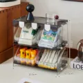 Two-tier clear acrylic tea bag and coffee capsule organizer shelf with size measurements - 4 Drawers / Transparent Black