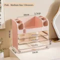 Roze medium make-up organizer met 3 transparante lades en opbergvakken boven. - Middel 3 Lades / Roze
