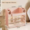 Grote roze desktop cosmetische organisator met drie transparante laden en vakken - Groot 3 Lades / Roze