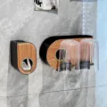 Wall-mounted toothbrush holder set with wood grain finish and two clear ribbed cups - 2-Cup + Dispenser Set / Combo 2-Cup Set Walnut