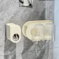 Modern wall-mounted cream toothbrush holder set with two ribbed transparent cups for bathroom - 2-Cup + Dispenser Set / Combo 2-Cup Set Cream
