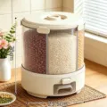 Cream white rotating grain storage dispenser with multi-compartments for rice and beans - 22L/11kg Pack / Cream