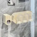 Cream wall-mounted toothbrush rack with 3 cups and wood grain toothpaste dispenser - 3-Cup + Dispenser Set / Combo 3-Cup Set Natural Wood