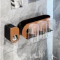Minimalist wall-mounted toothbrush holder with wood finish and three fluted cups - 3-Cup + Dispenser Set / Combo 3-Cup Set Walnut
