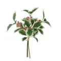 Rama de acebo artificial realista con hojas veteadas en verde y blanco para decoración festiva - Juego de 3 Piezas / Acebo de Borde Blanco con Bayas Rojas Claras / 25cm