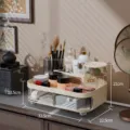 Minimalist cream cosmetic organizer with compartments and drawers, size 32.5x22.5x21cm - Single Layer Storage Box