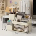 Organizador de escritorio multifuncional blanco crema con cajones y soporte para lápiz - Estuche de Papelería Elevable / Blanco Crema