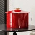 Elegant 3-tier red snack storage box with gold handle for festive fruit and candy display - Triple Layer / Traditional Red 3 Layers