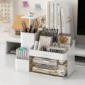 Organizador de escritorio blanco marfil con cajones y portalápices para oficina y estudiantes - Estuche de Papelería Elevable / Marfil