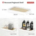 White pegboard floating shelf with wood grain base for bathroom wall storage organizer - Concave Shelf / 28x18.7x2.7cm