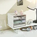 White three-tier plastic desktop storage box with clear drawers for desk organization - 2 Large + 1 Medium Compartment / Gray