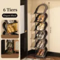 Elegant 6-tier black rattan-textured shoe rack, compact vertical storage for small entryways - 6-Tier / Classic Black