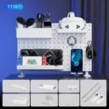 White DIY pegboard gaming desk organizer set with multiple storage shelves and hooks - Vertical desktop combination set 207 [moonlight white]
