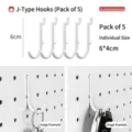 5-Pack durable white J-shaped hooks for 30mm hole spacing pegboards, 6x4cm dimensions. - J-Shaped Hooks 5-Pack / 6x4cm (5 Pcs)