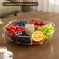 Hochwertige transparente unterteilte Obstschale mit 6 Fächern und detaillierten Maßen. - Geteilter Stil / Transparent