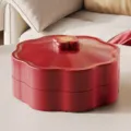 Elegant red two-tier flower shaped candy box with lid and golden fortune symbol. - Double Layer / Festive Red