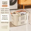 Cesto portabiancheria pieghevole portatile giallo crema, taglia media, con manico e interno - 中号(380x295x265mm) / Two-layer retractable [cream]]