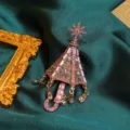 Elegant vintage style pink rhinestone umbrella brooch with snowflake top and dangling tassels - Pink