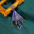 Elegant vintage style blue rhinestone umbrella brooch with snowflake and tassel details - Blue