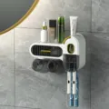 Wall-mounted toothbrush holder with cups and automatic toothpaste dispenser in white gold finish. - Dual Cups (With Toothpaste Holder) / White