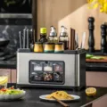 Modern stainless steel kitchen spice rack with integrated knife holder and seasoning boxes. - Stainless Steel Seasoning Rack Set