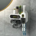 Luxury wall-mounted white toothbrush holder set with 3 smoky grey cups and gold accents - Triple Cups (With Toothpaste Holder) / White