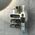 Wall-mounted white and gold toothbrush holder set with 4 magnetic cups and toothpaste dispenser - Quad Cups (With Toothpaste Holder) / White