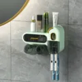 Mint green wall-mounted toothbrush holder set with cups and toothpaste dispenser - Dual Cups (With Toothpaste Holder) / Light Green