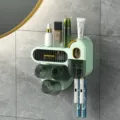 Mint green wall-mounted toothbrush holder set with three cups and toothpaste dispenser - Triple Cups (With Toothpaste Holder) / Light Green