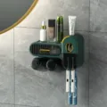 Wall-mounted dark green toothbrush holder with magnetic cups and toothpaste dispenser - Dual Cups (With Toothpaste Holder) / Dark Green
