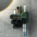 Dark green wall-mounted toothbrush holder with magnetic cups and gold accents - Triple Cups (With Toothpaste Holder) / Dark Green