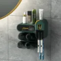 Luxury wall-mounted toothbrush holder with four cups for bathroom storage - Quad Cups (With Toothpaste Holder) / Dark Green