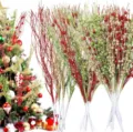 Vista detallada de 36 ramas de bayas de purpurina navideñas artificiales rojas doradas y verdes. - Combinación de 36 piezas rojo, verde y dorado