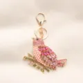 Ornate vintage style rhinestone bird keychain pink magpie bag charm with gold alloy - Full Rhinestone Magpie Style / Pink