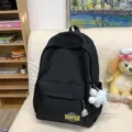 Minimalist black large capacity backpack with cute white plush keychain for school and travel - Without Charm / Black